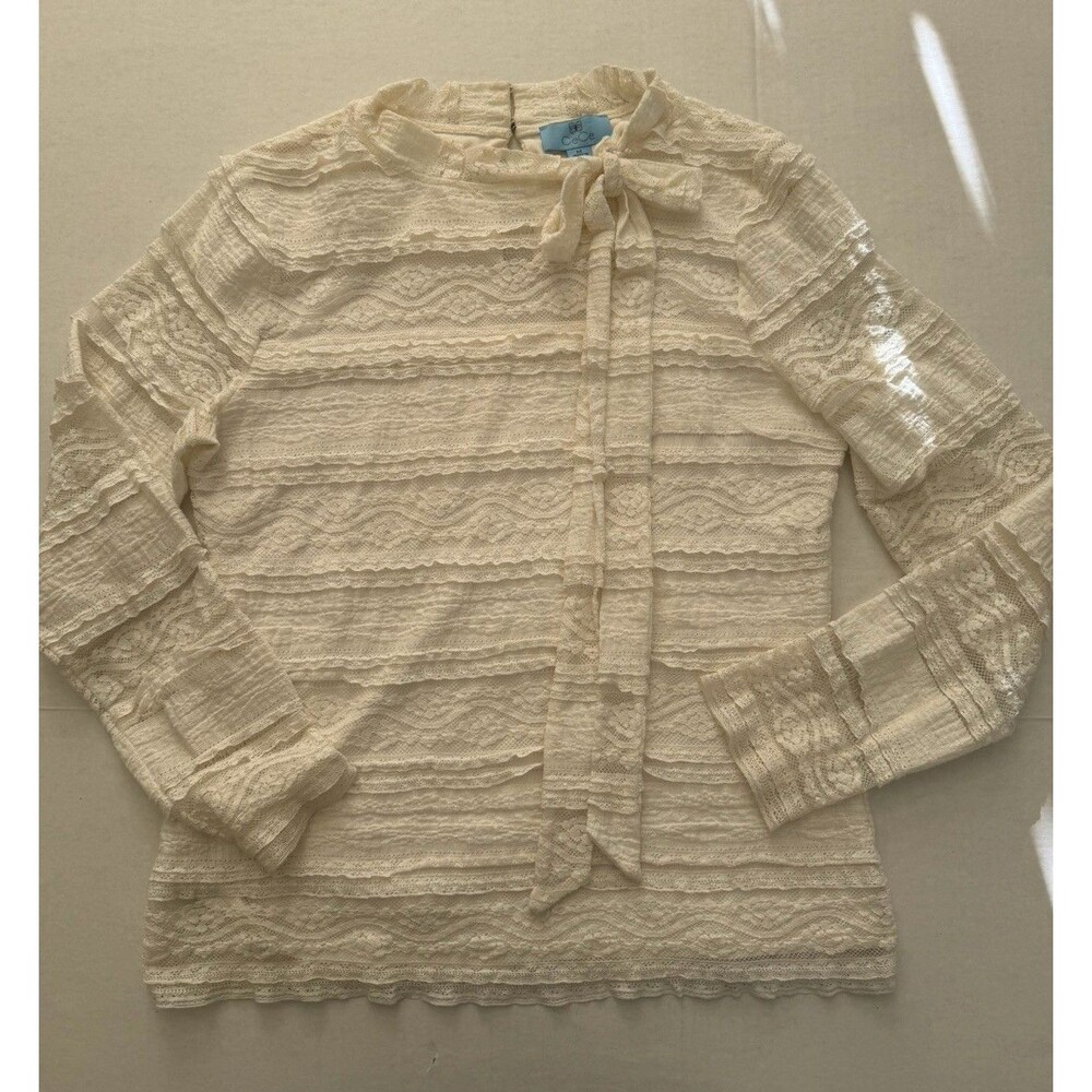Cece Textured Lace Cream Long Sleeved Blouse Top Women's M Cottagecore Bow Sweet